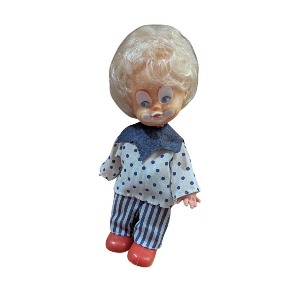 Vintage Blonde Clown Doll‎ With Polka Dot Shirt & Striped Pants 6.5" Plastic